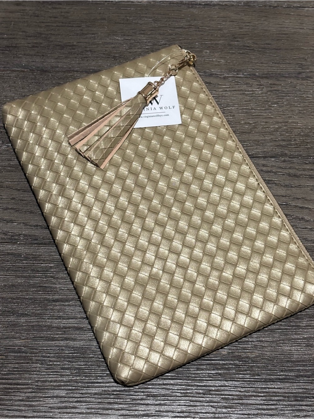 Virginia Wolf NYC "Mimi" Woven Gold Clutch with Tassle NWT Vegan Leather